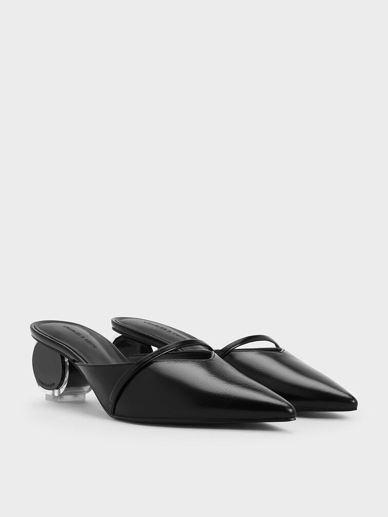 Sepatu Mules Pointed-Toe Sculptural-Heel Crinckle-Effect, Black, hi-res