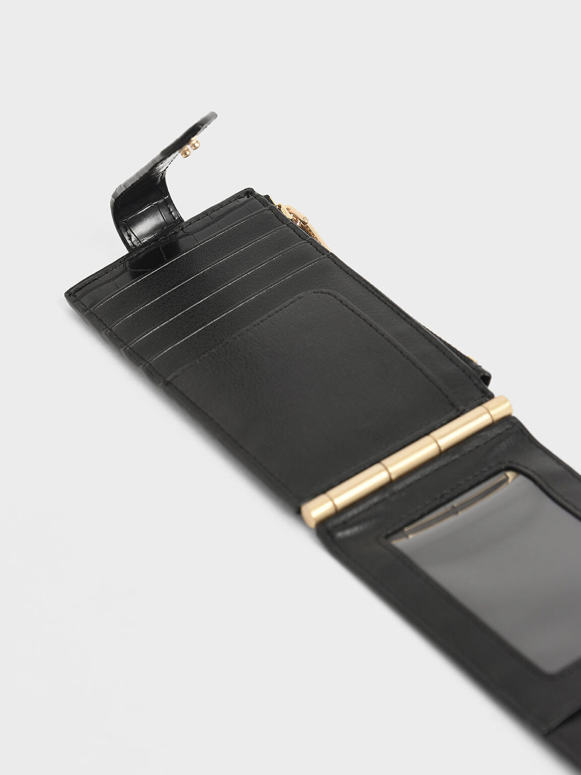 Croc-Effect Thin Front Flap Card Holder, Black, hi-res