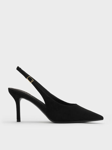 Sepatu Pumps Slingback Faux Suede Emelia, Black Textured, hi-res