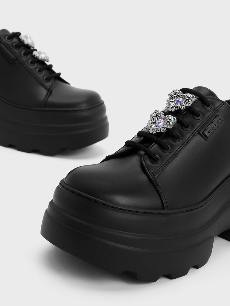 Sepatu Oxfords Crystal Heart-Motif Lace-Up, Black, hi-res