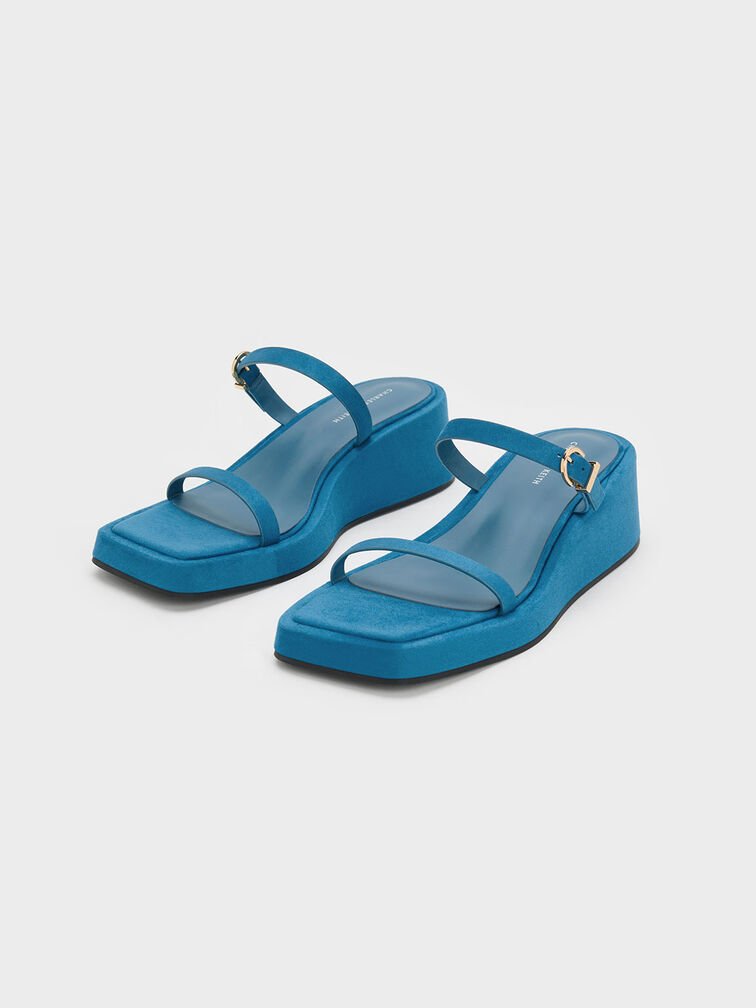 Sepatu Wedge Mules Square-Toe, Blue, hi-res