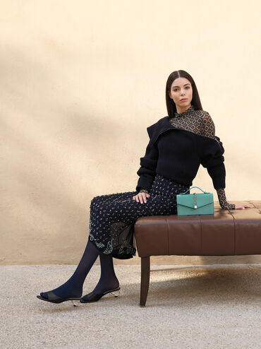 Sepatu Mules Crystal-Heel Satin, Black Textured, hi-res