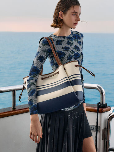 Tas Tote Drawstring Striped Hanya Canvas, Multi, hi-res