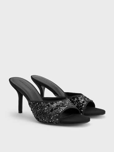 Sepatu Mules Stiletto-Heels Sequinned, Black Textured, hi-res