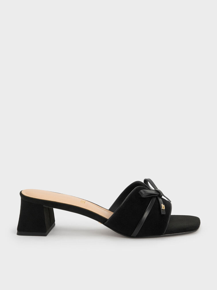 Leather & Suede Bow Heeled Mules, Black Textured, hi-res