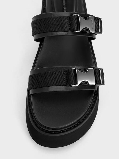 Sandal Flatform Metallic-Buckle Laine, Black, hi-res
