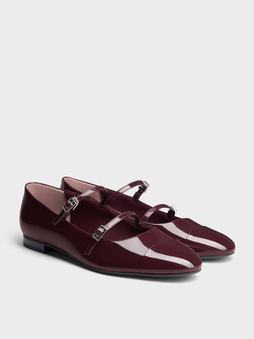 Sepatu Mary Janes Double-Strap Patent, Maroon, hi-res