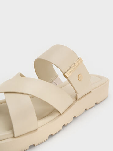 Sandal Slide Crossover-Strap Metallic-Accent, Chalk, hi-res