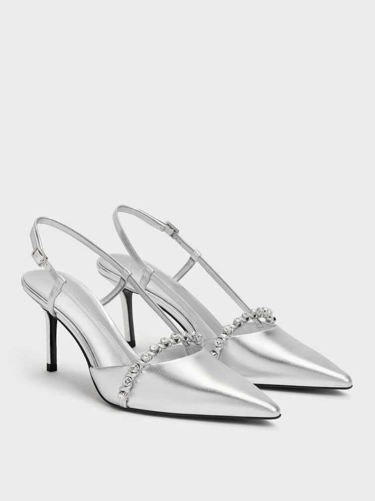 Sepatu Pumps Slingback Crystal Metalik, Silver, hi-res