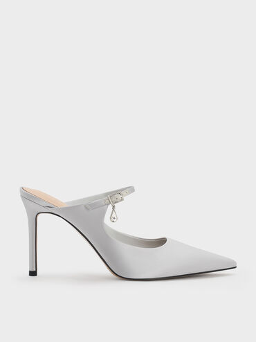 Sepatu Mules Buckle-Strap Teardrop-Crystal, Silver, hi-res