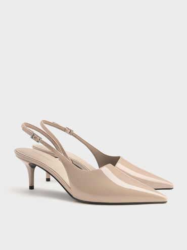 Sepatu Slingback Pumps Pointed-Toe Stiletto-Heel Patent, Taupe, hi-res