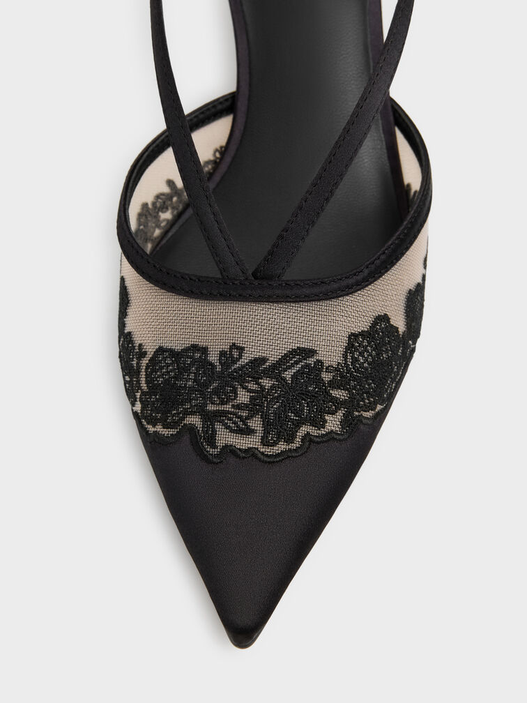Sepatu Kitten Heels Slingback Embroidered-Satin, Black Textured, hi-res