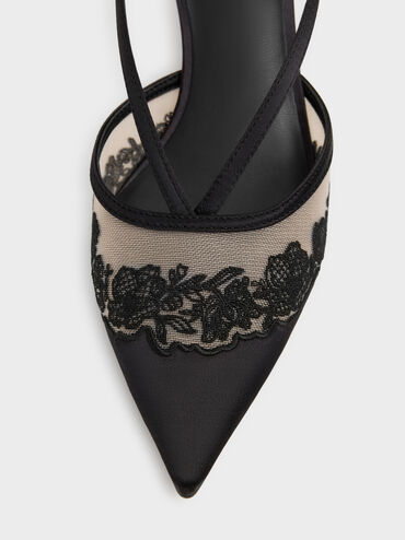Sepatu Kitten Heels Slingback Embroidered-Satin, Black Textured, hi-res