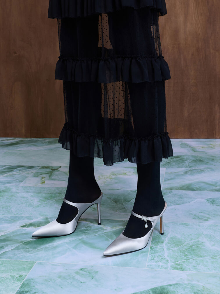 Sepatu Mules Buckle-Strap Teardrop-Crystal, Silver, hi-res