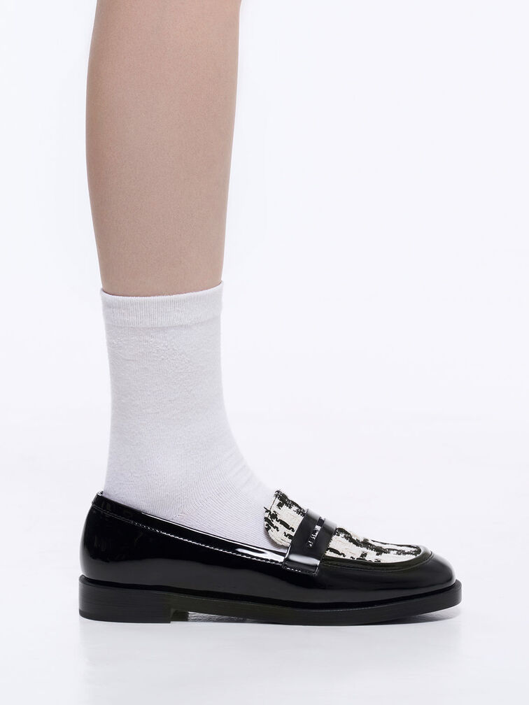 Sepatu Penny Loafers Patent Tweed, Black Patent, hi-res