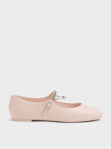 Sepatu Flats Mary Jane Charm Double-Chain, Pink, hi-res