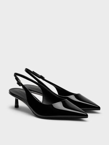 Sepatu Slingback Pumps Patent Pointed-Toe, Black Patent, hi-res
