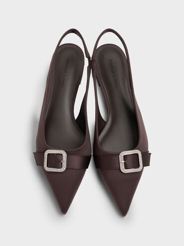 Satin Crystal-Buckle Pointed-Toe Slingback Flats, Dark Brown Textured, hi-res