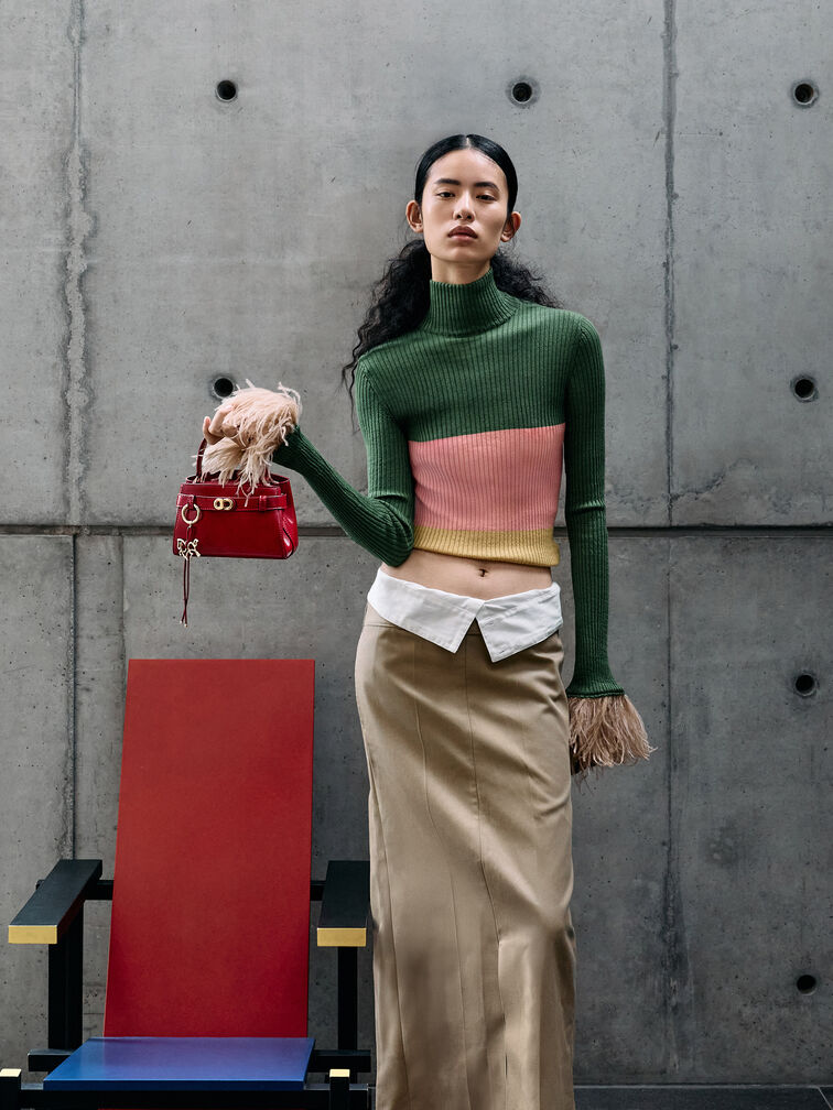 Tas Top Handle Horse-Motif Bow Aubrielle, Tomato Red, hi-res