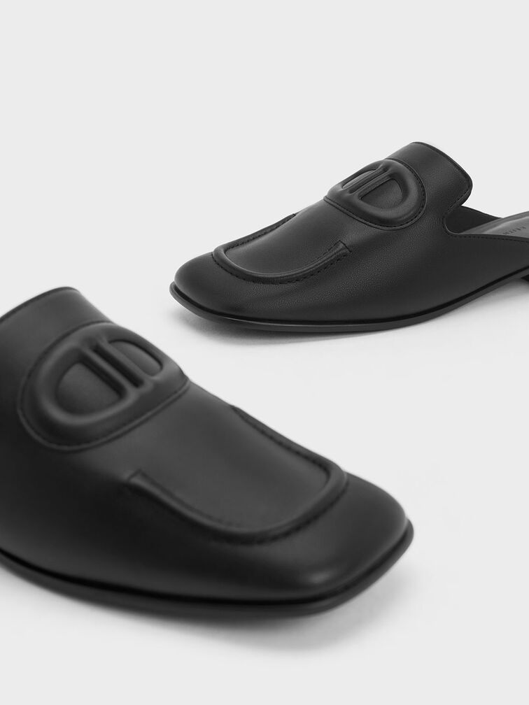 Sepatu Flats Oval Stitch-Trim Slip-On, Black, hi-res