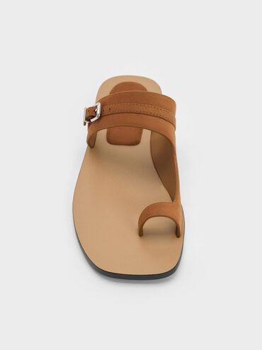 Faux Suede Buckled Toe-Ring Sandals, Cognac, hi-res
