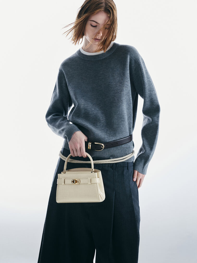 Aubrielle Croc-Effect Top Handle Bag, Ivory, hi-res