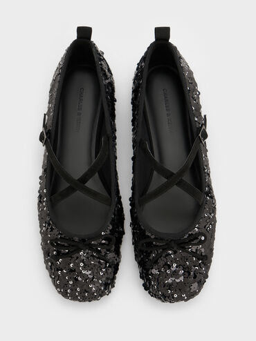 Sepatu Flats Sequinned Crossover Mary Jane, Black Textured, hi-res