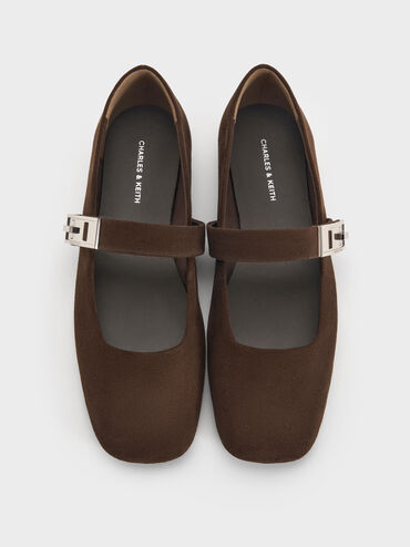 Lando Faux Suede Metallic-Buckle Mary Jane Flats, Dark Brown Textured, hi-res