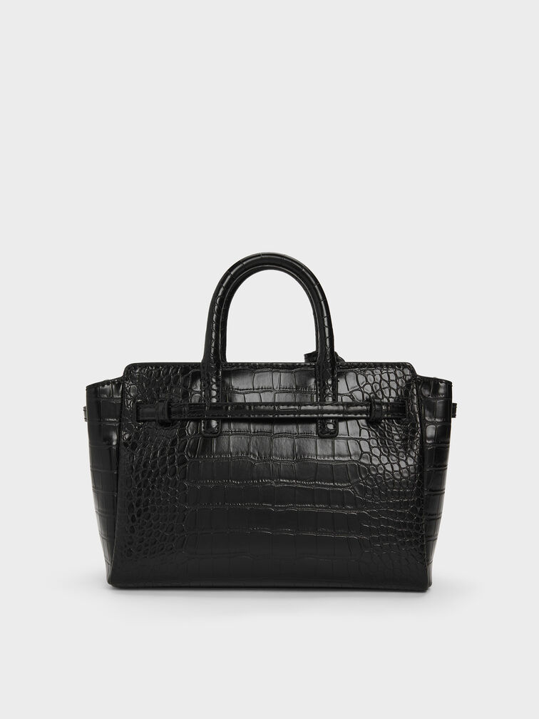 Tas Tote Belted Croc-Effect Delfina Mini, Black Croco, hi-res