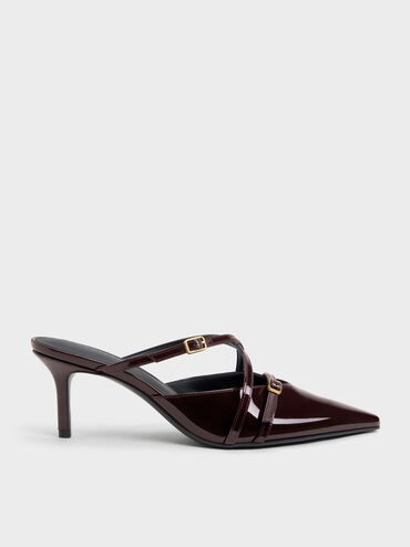 Maybelle Patent Pointed Heeled Mules, Burgundy, hi-res