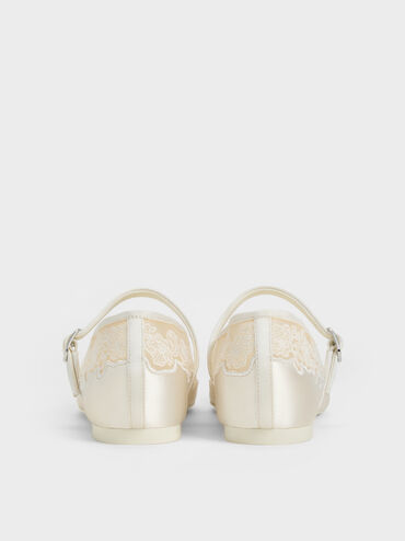 Satin Embroidered-Mesh Mary Jane Flats, White, hi-res