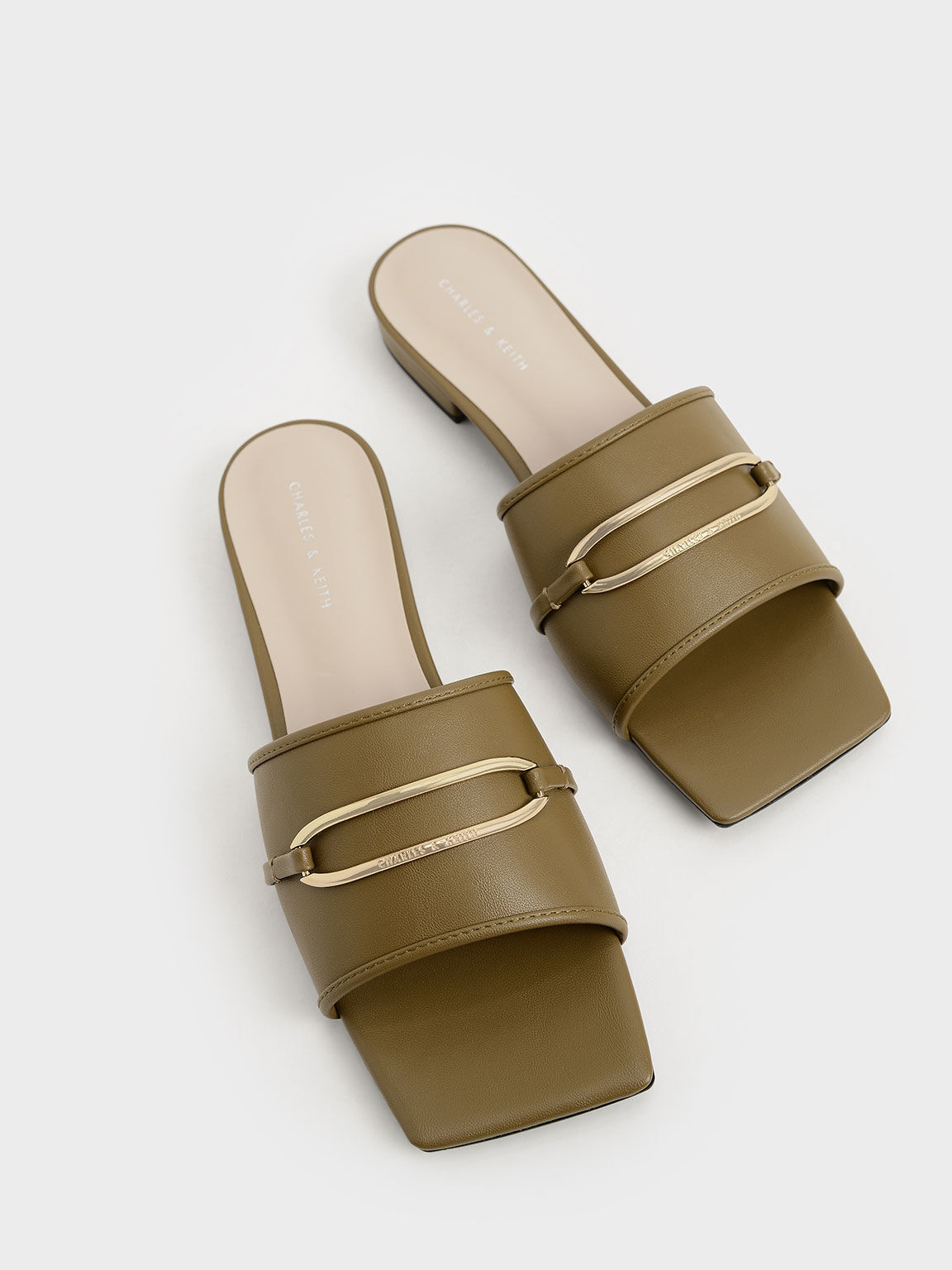 Sandal Slide Metallic Accent Square-Toe, Olive, hi-res
