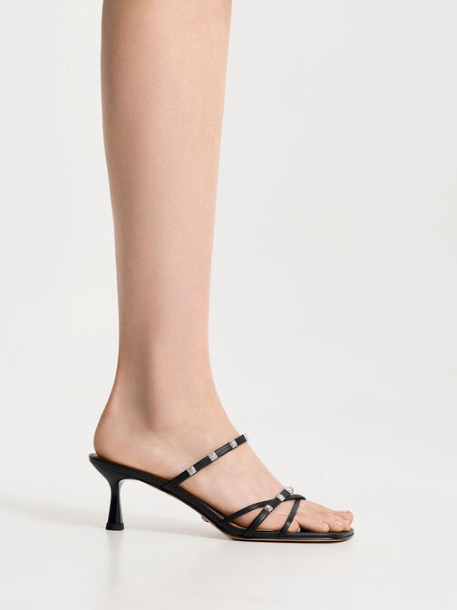 Sepatu Heeled Mules Square Crystal-Embellished Leather, Black, hi-res