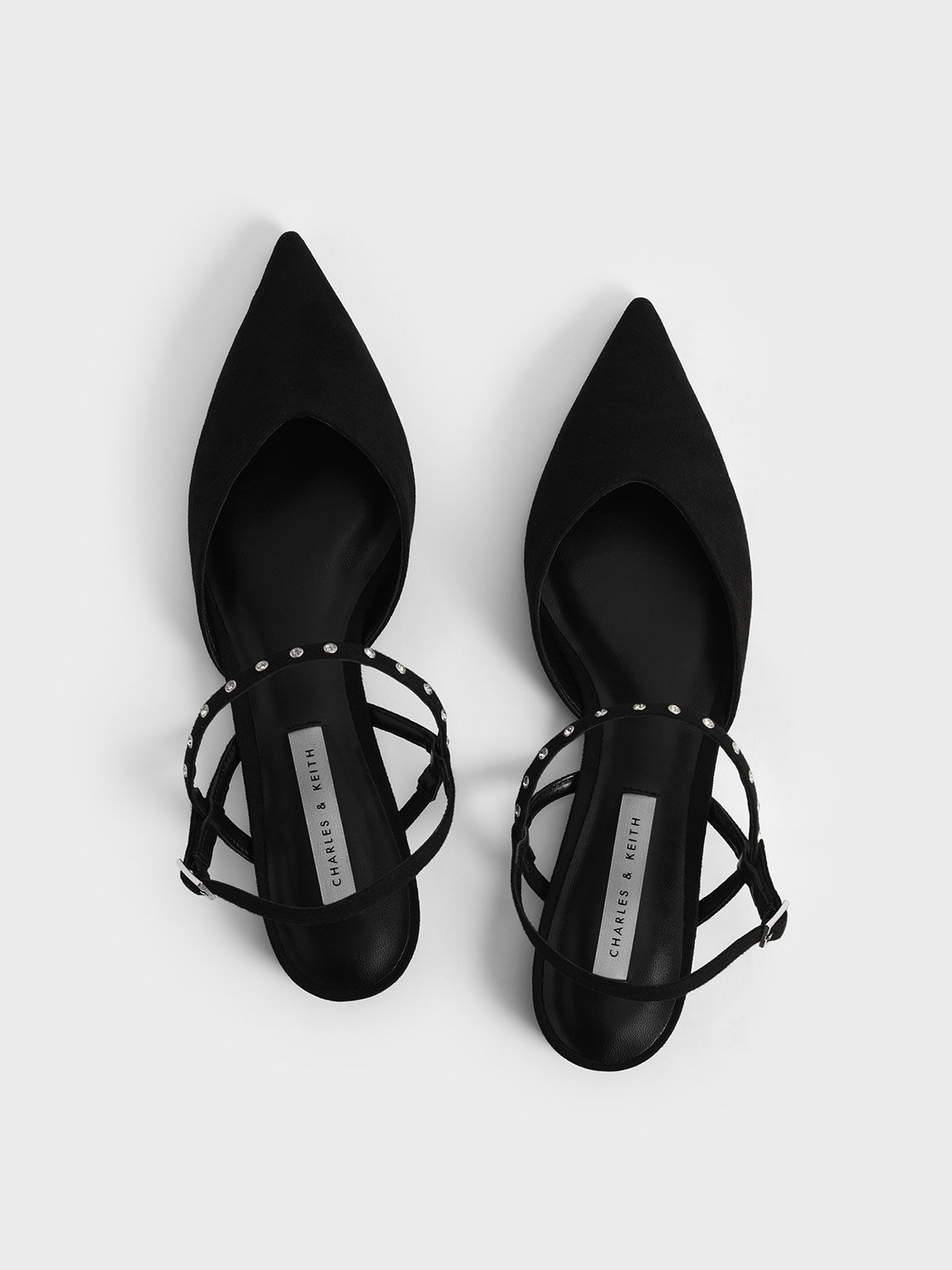 Studded Ankle Strap Ballerina Flats, Black, hi-res