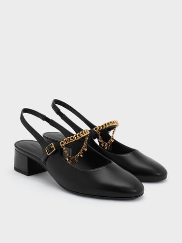 Sepatu Pumps Slingback Mary Jaane Charm Double-Chain, Black, hi-res