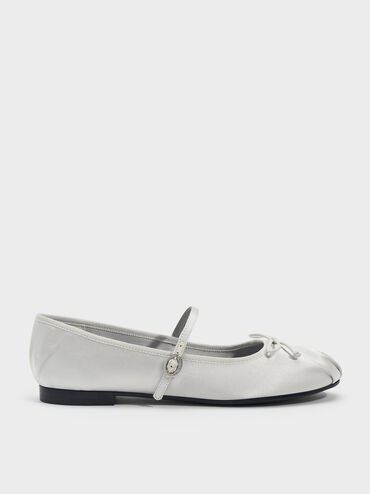 Emiko Satin Bow Mary Jane Flats, Silver, hi-res