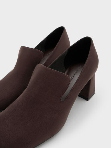 Sepatu Pumps Loafer Block-Heel Square-Toe Faux Suede, Dark Brown Textured, hi-res