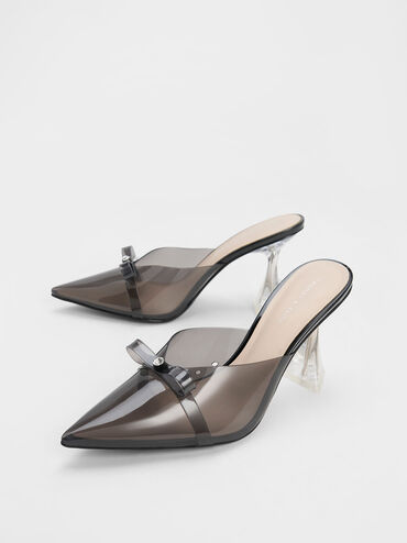 Sepatu Mules Embellished Bow See-Through, Black, hi-res