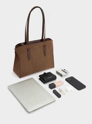 Allyn Recycled Suede Elongated-Handle Tote Bag, Mocha Brown, hi-res