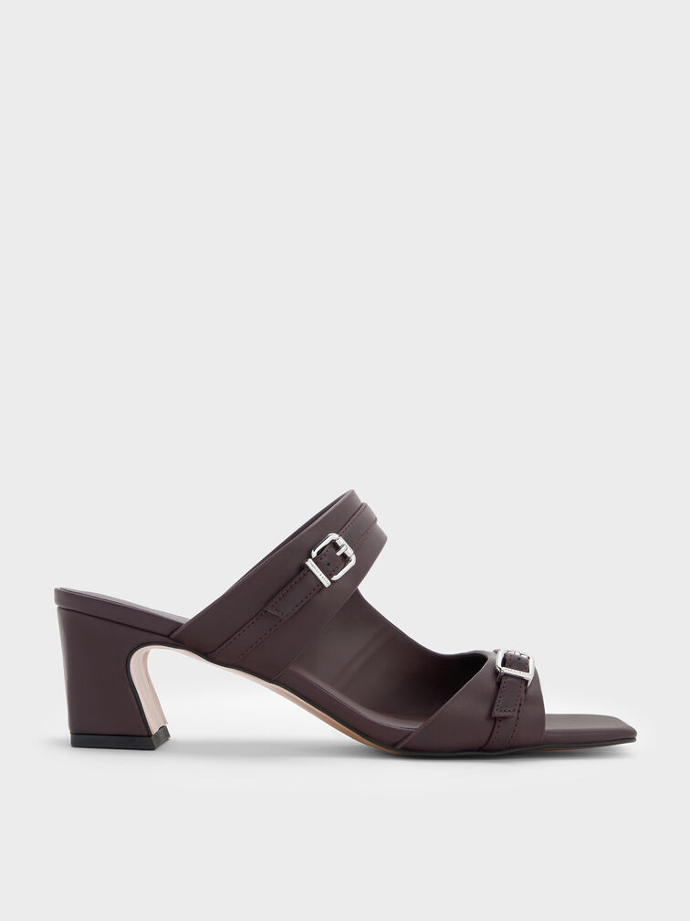 Sepatu Mules Heeled Double-Strap Buckled, Burgundy, hi-res