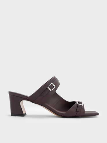 Sepatu Mules Heeled Double-Strap Buckled, Burgundy, hi-res