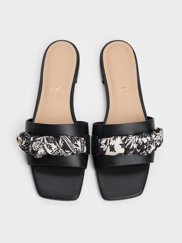 Sandal Slide Printed-Strap Leather Tayari, Black, hi-res
