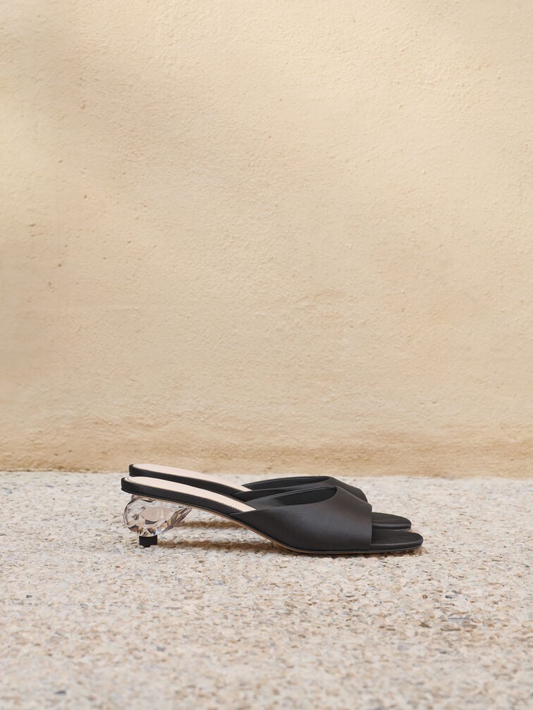 Sepatu Mules Crystal-Heel Satin, Black Textured, hi-res