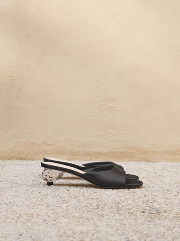 Sepatu Mules Crystal-Heel Satin, Black Textured, hi-res