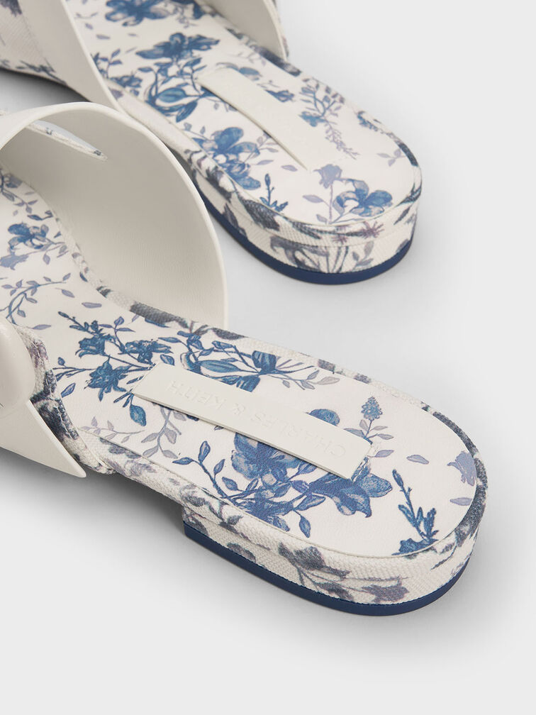 Sepatu Flat Mules Floral-Print Oval-Buckle, Dark Blue, hi-res