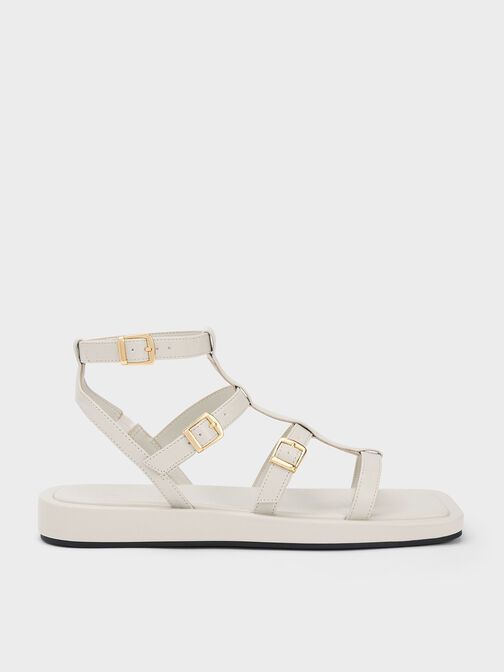 Buckled Gladiator Sandals, White, hi-res