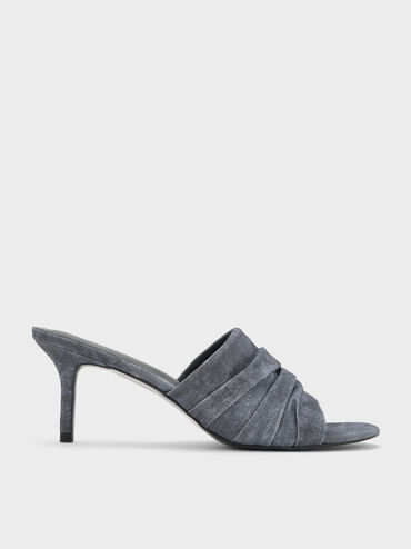 Sepatu Mules Heeled Ruched Twill, Dark Blue, hi-res