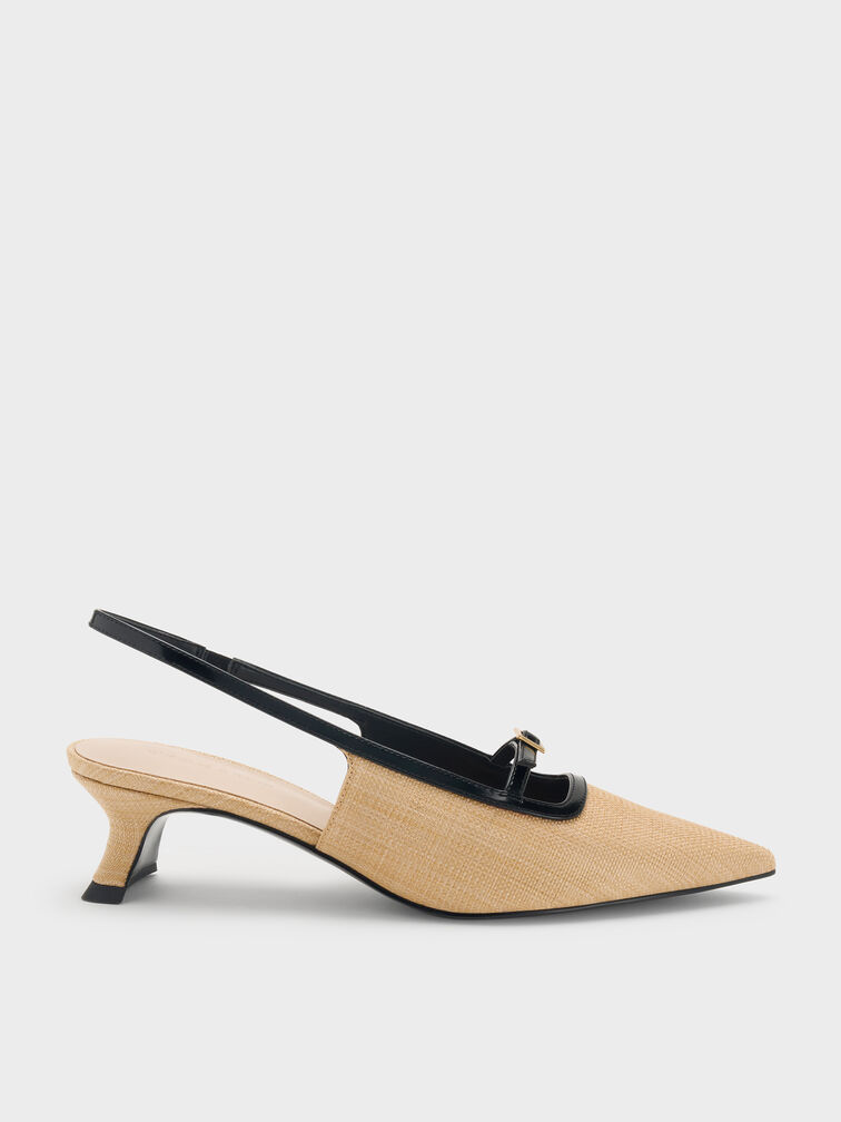 Woven Buckle-Strap Slingback Pumps, Natural, hi-res