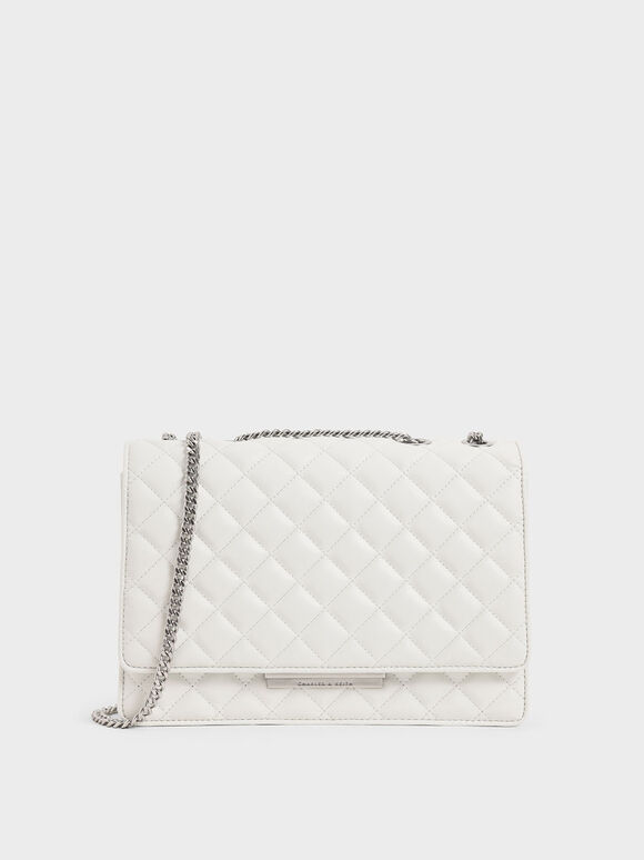 Tas Bahu Quilted Chain Strap, White, hi-res