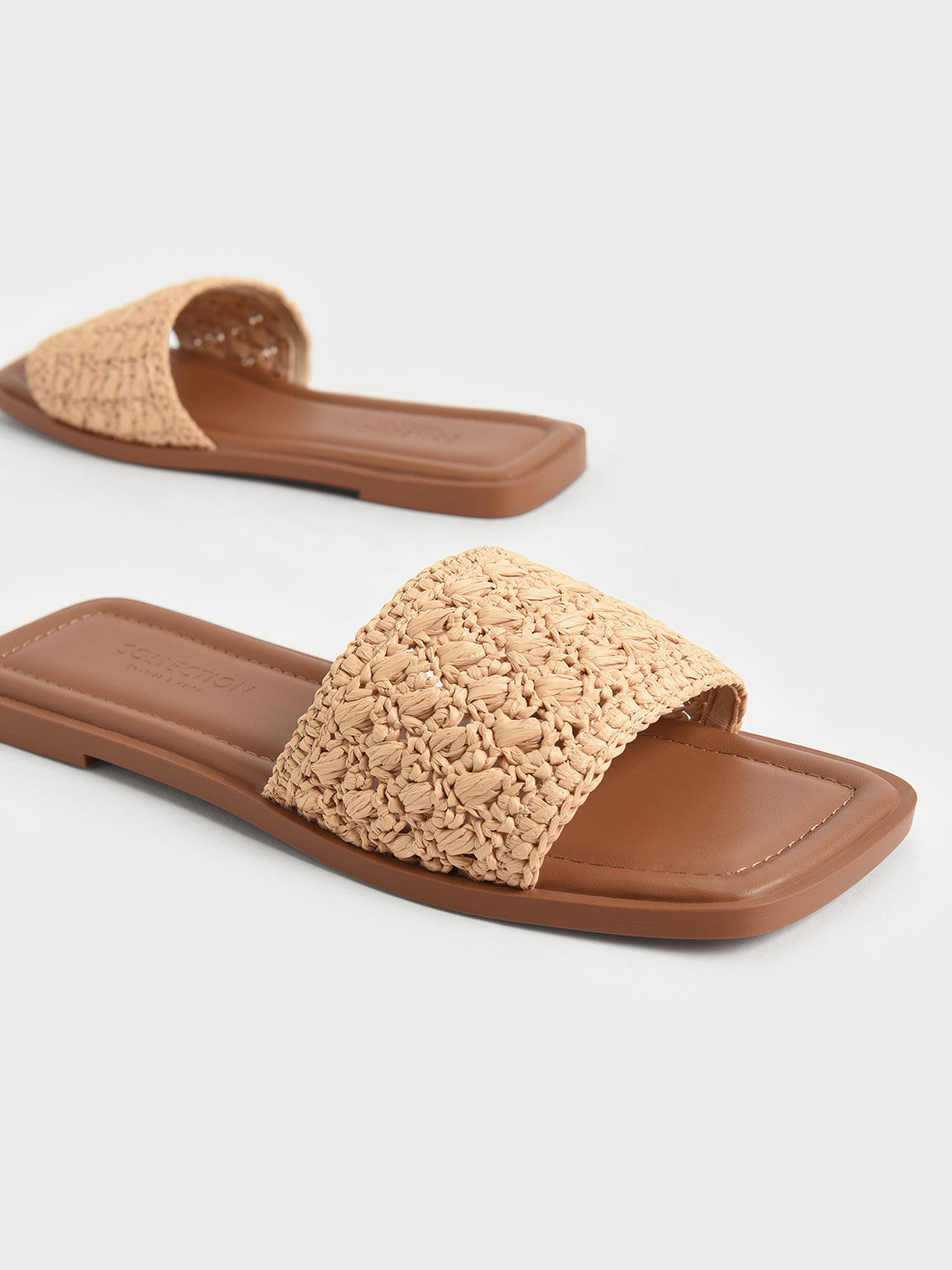 Raffia Slide Sandals, Brown, hi-res